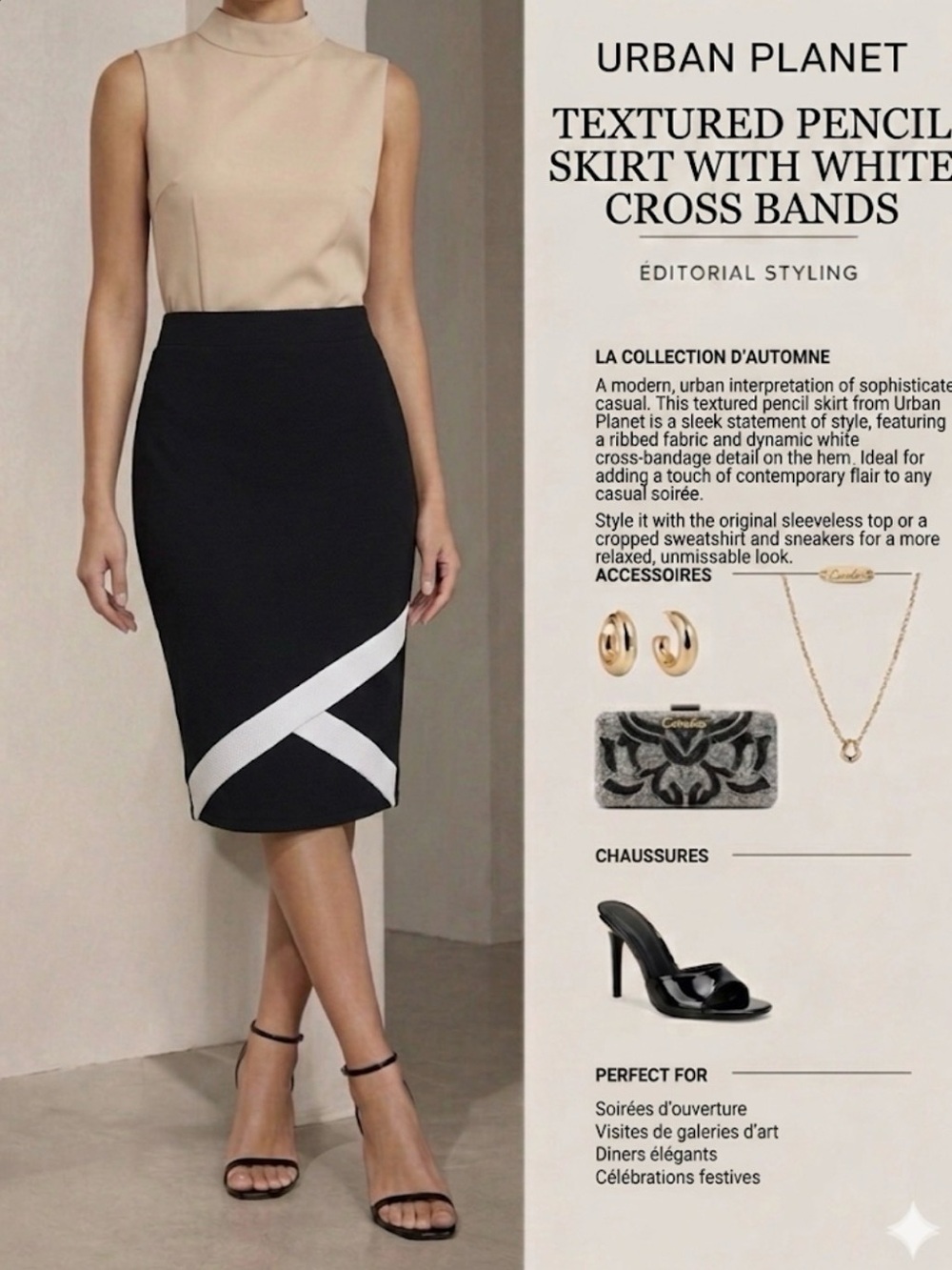 Urban Planet Black Pencil Skirt with White Diagonal Cross Bands